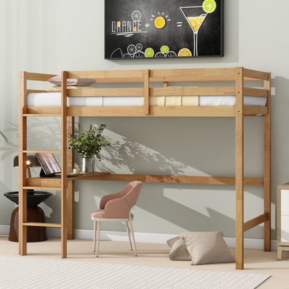 Twin High Loft Bed, Rubber Wood Loft Bed with Safety Guardrail, built-in desk, ladder, White Oak