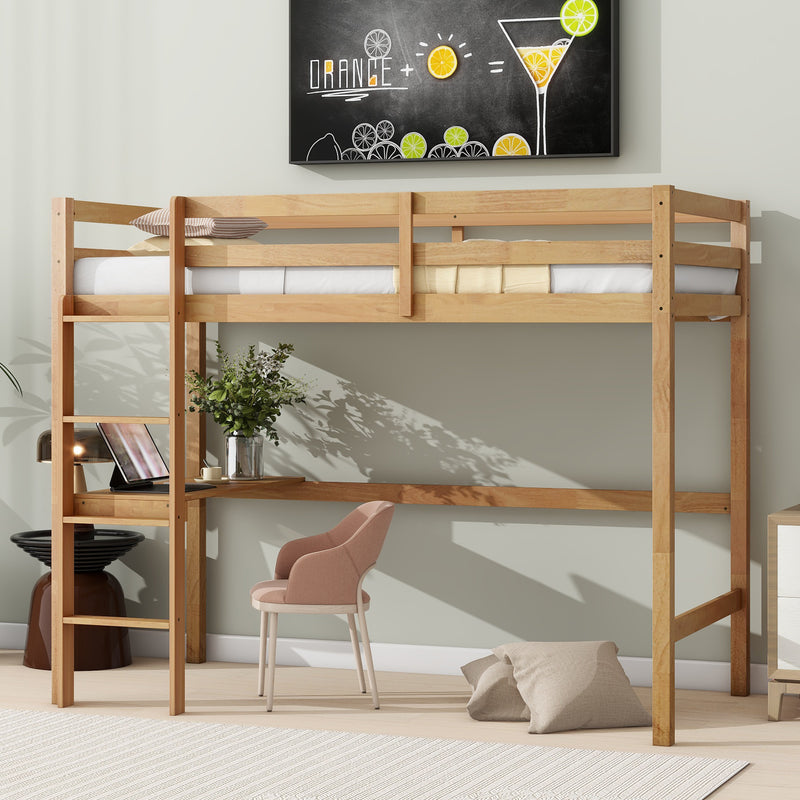 Twin High Loft Bed, Rubber Wood Loft Bed with Safety Guardrail, built-in desk, ladder, White Oak