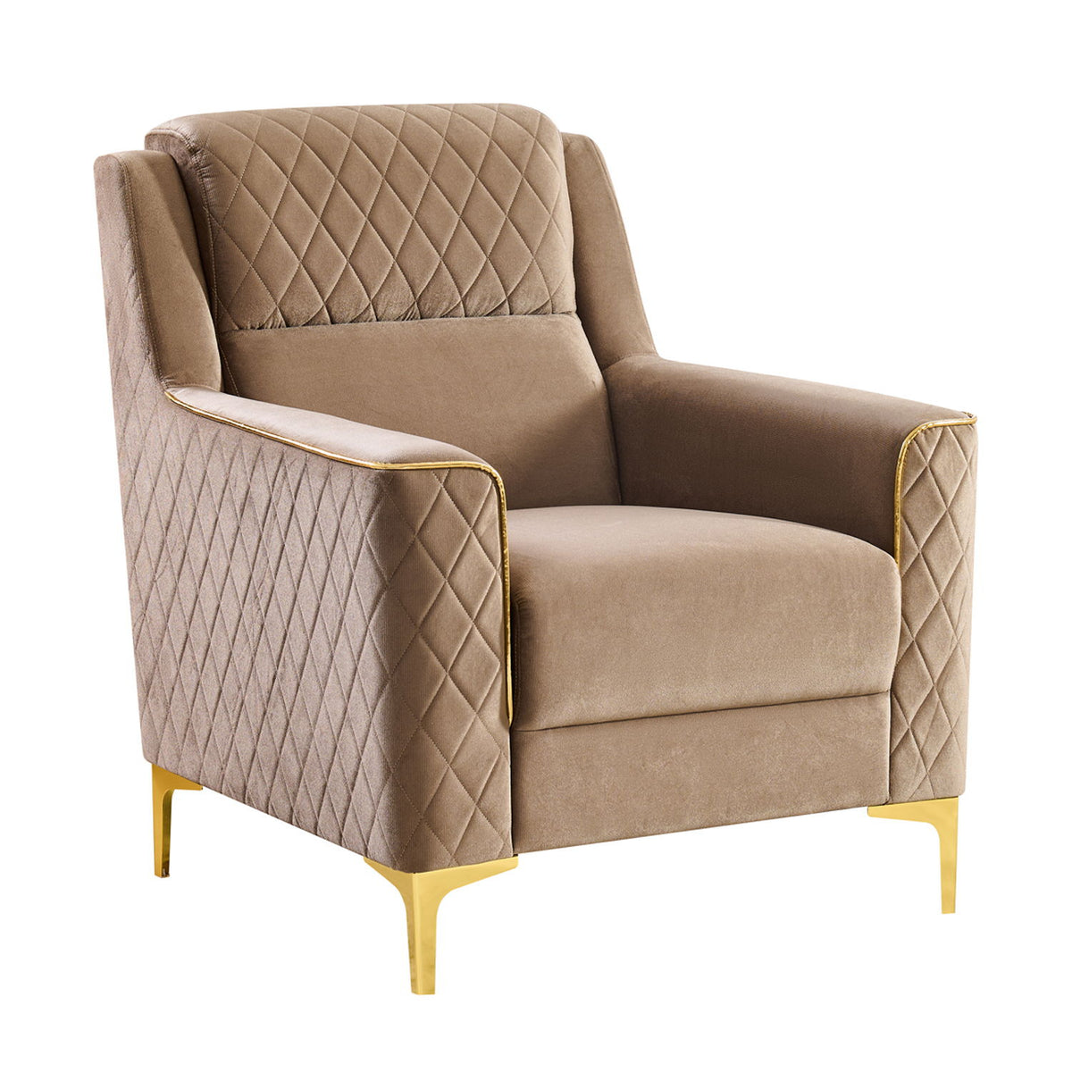 Beige accent chair with diamond-quilted upholstery, cushioned arms, and gold legs