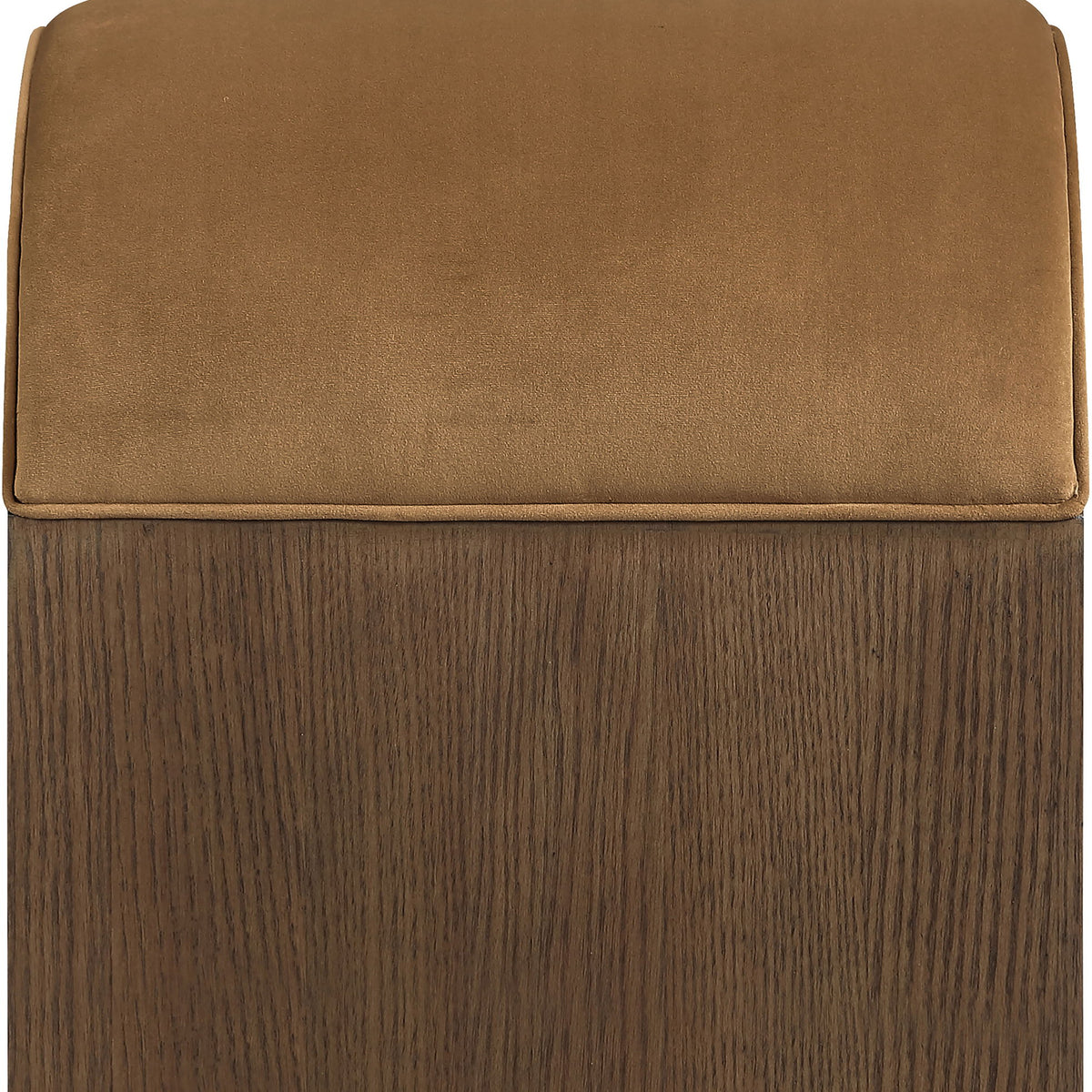 Brown velvet upholstered bench cushion on dark wood base, close-up