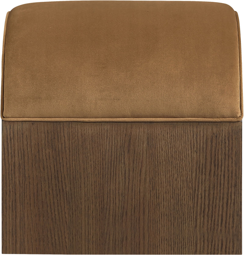 Brown velvet upholstered bench cushion on dark wood base, close-up