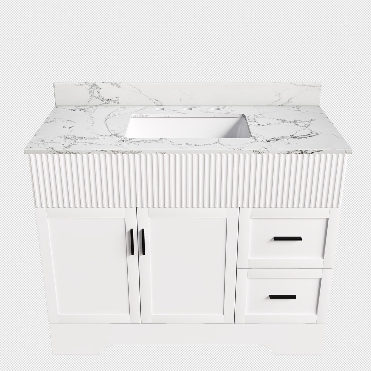 White bathroom vanity with fluted cabinet, sink, two doors and two drawers