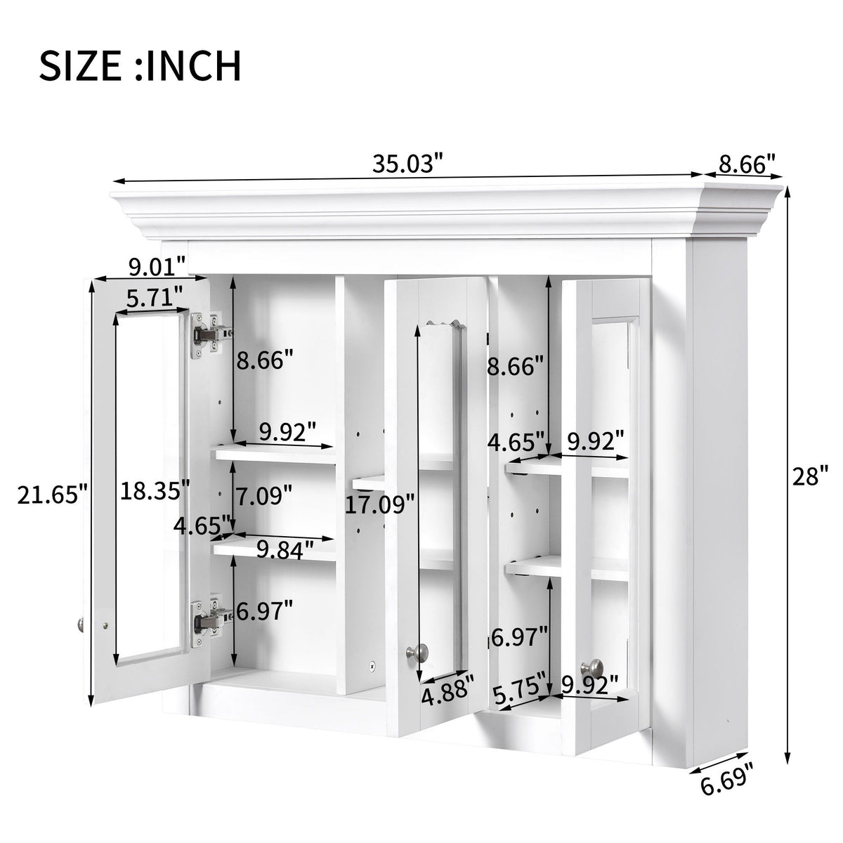 Bathroom Medicine Cabinet With Mirror, 5 Adjustable Closed Shelves, Wall-Mounted - White