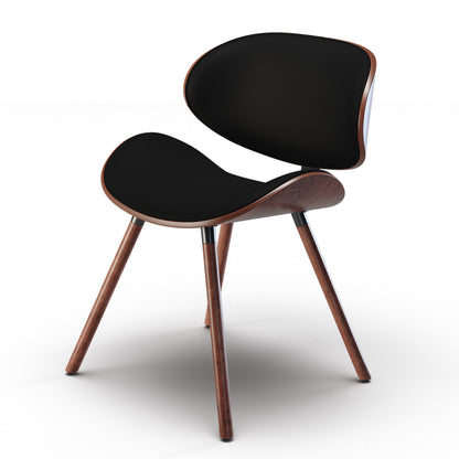 Mid-century dining chair with black faux leather seat and arched wooden legs
