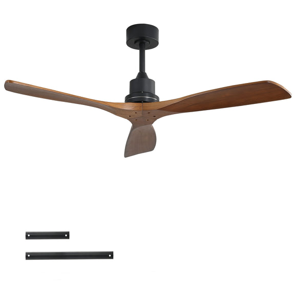 Black ceiling fan with three wood blades and included mounting parts