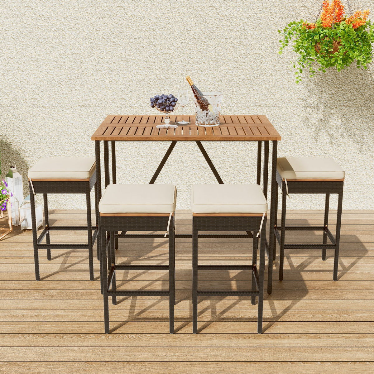 Outdoor Acacia Wood Bar Height Table And Eight Stools With Cushions