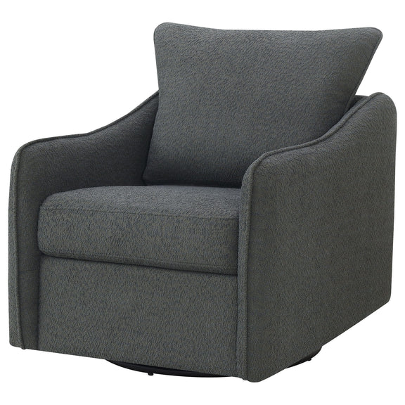 Dark gray upholstered swivel chair with rounded arms and high backrest