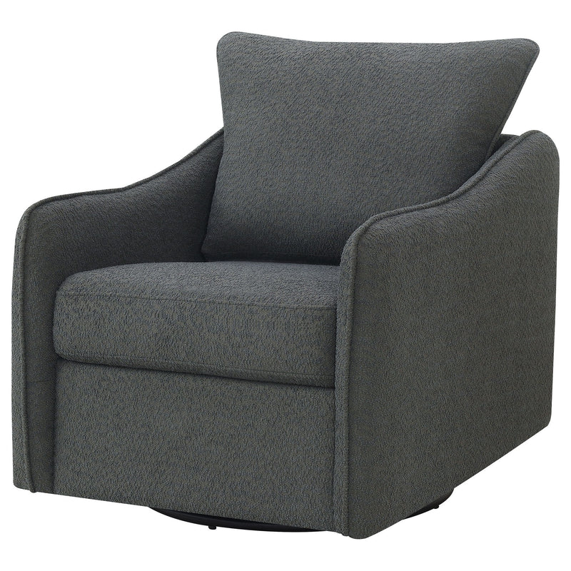 Dark gray upholstered swivel chair with rounded arms and high backrest