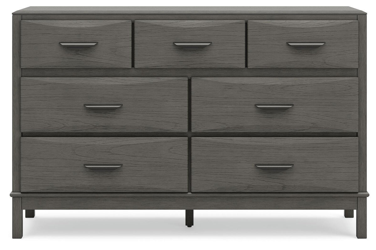 Gray dresser front with eight drawers and brushed metal bar handles