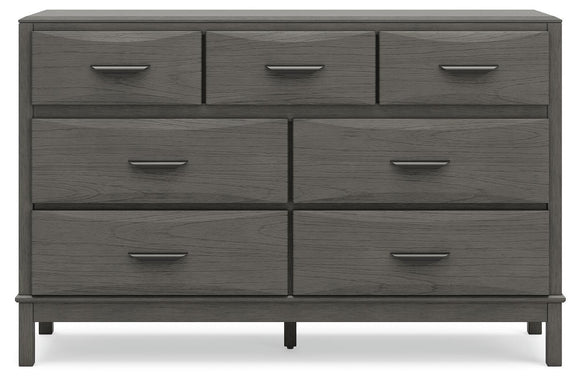 Gray dresser front with eight drawers and brushed metal bar handles