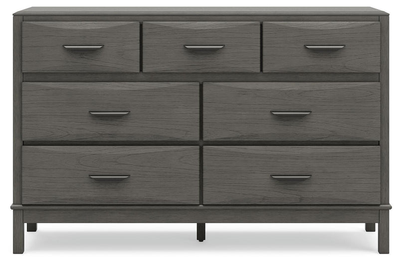 Gray dresser front with eight drawers and brushed metal bar handles