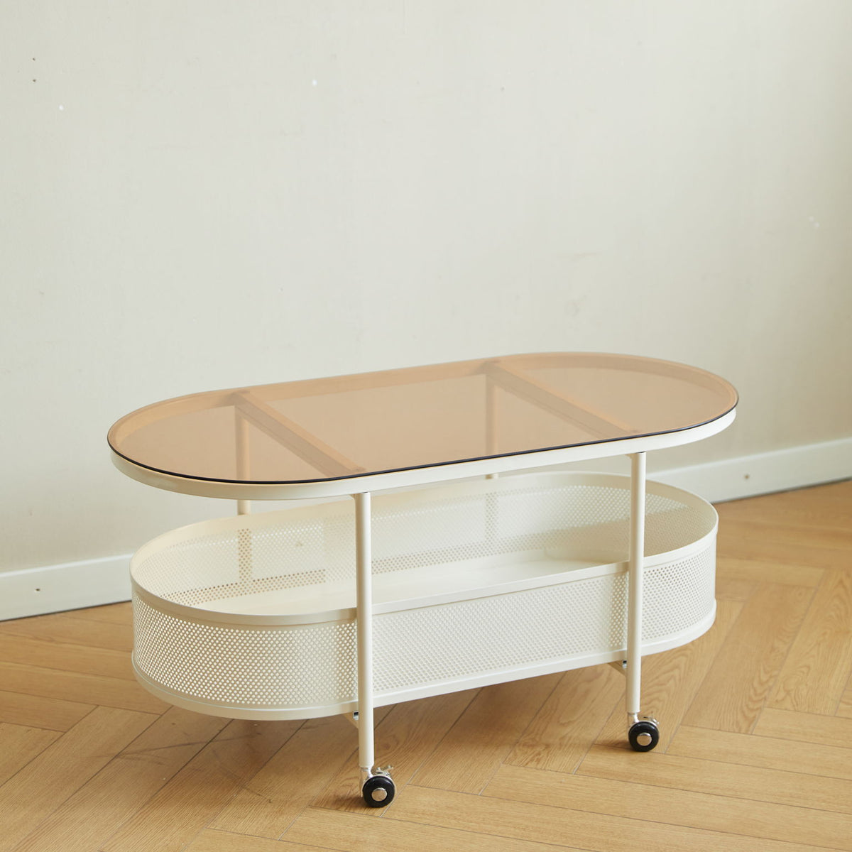 Movable Oval Metal Glass Coffee Table With Storage - White