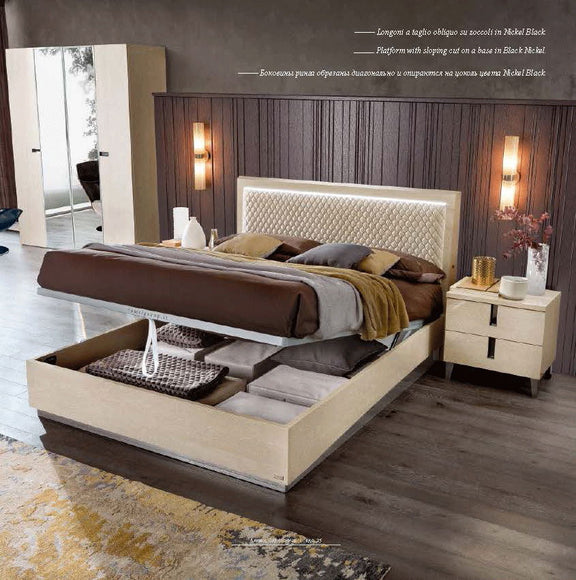 Queen upholstered bed with tufted headboard, light beige frame, brown bedding