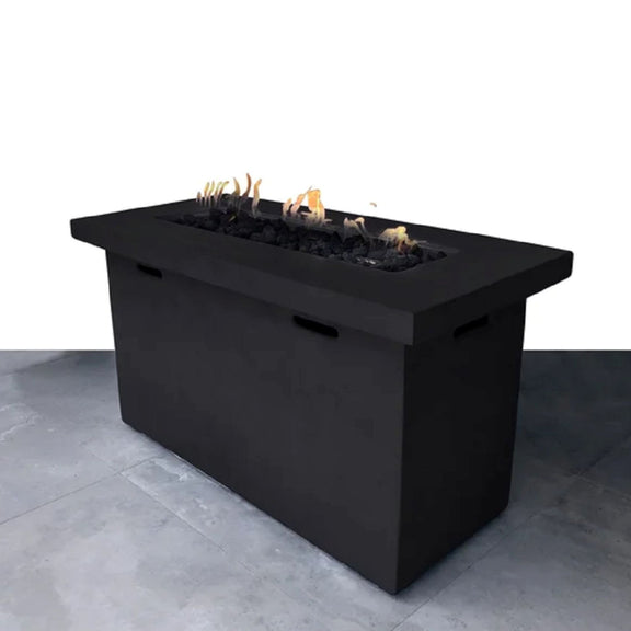 Dark gray outdoor propane fire pit table with rectangular burner and recessed center, side handles