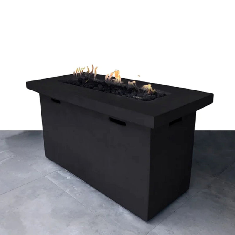 Dark gray outdoor propane fire pit table with rectangular burner and recessed center, side handles