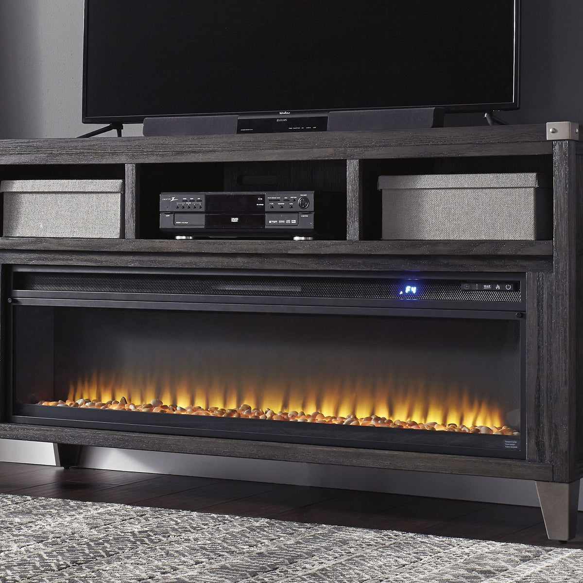 Todoe - 2 Pc. - 65" TV Stand With Wide Fireplace Insert - Gray