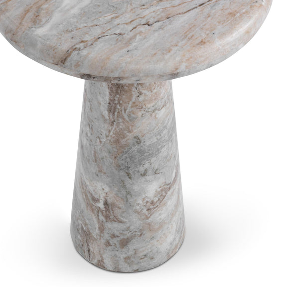 Gray marble round accent table, full view of tabletop and pedestal