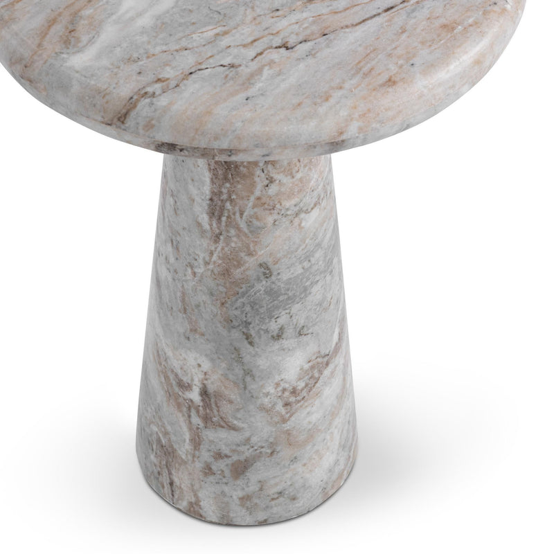 Gray marble round accent table, full view of tabletop and pedestal