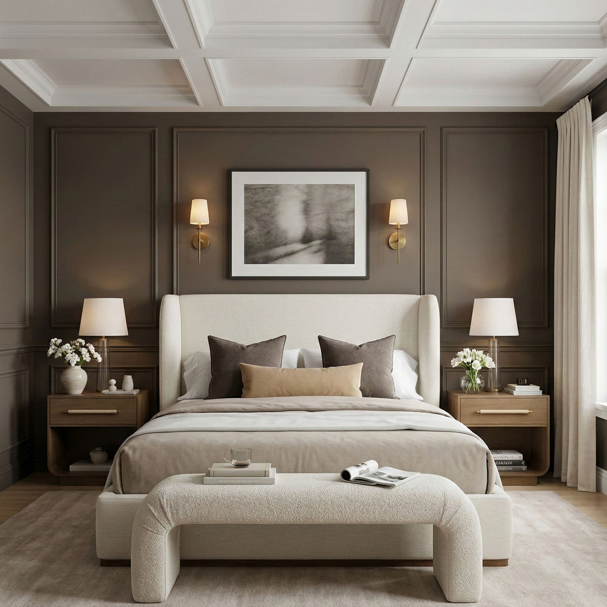 Fabric upholstered bed in pearl silver with rounded headboard and thick cushioned frame