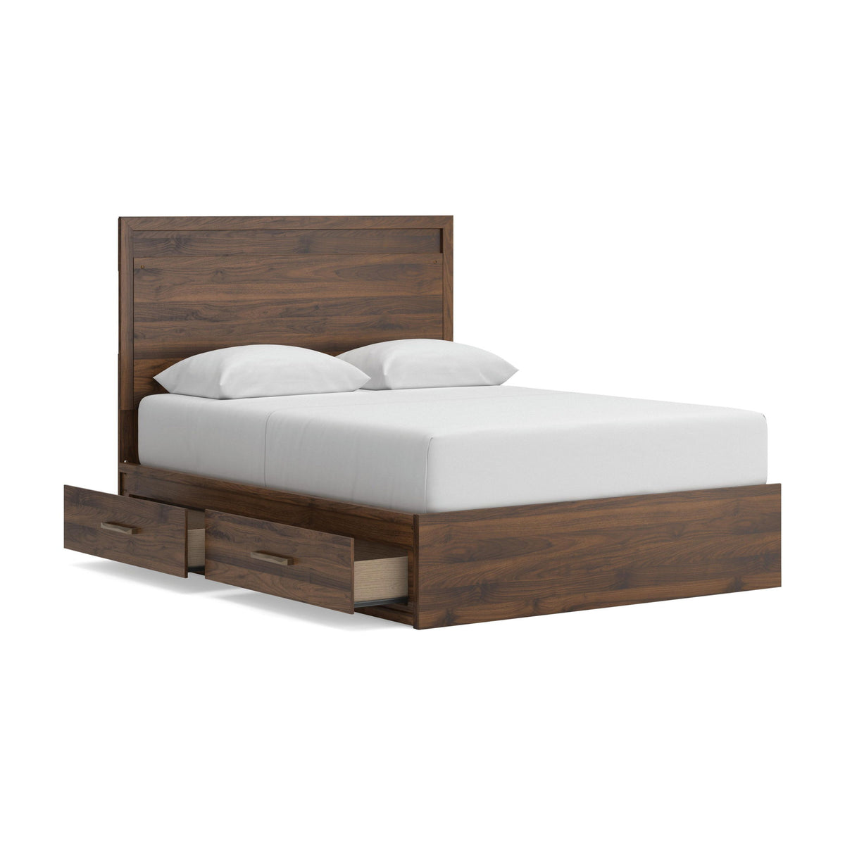 Light brown panel storage bed with white mattress and front two under-bed drawers