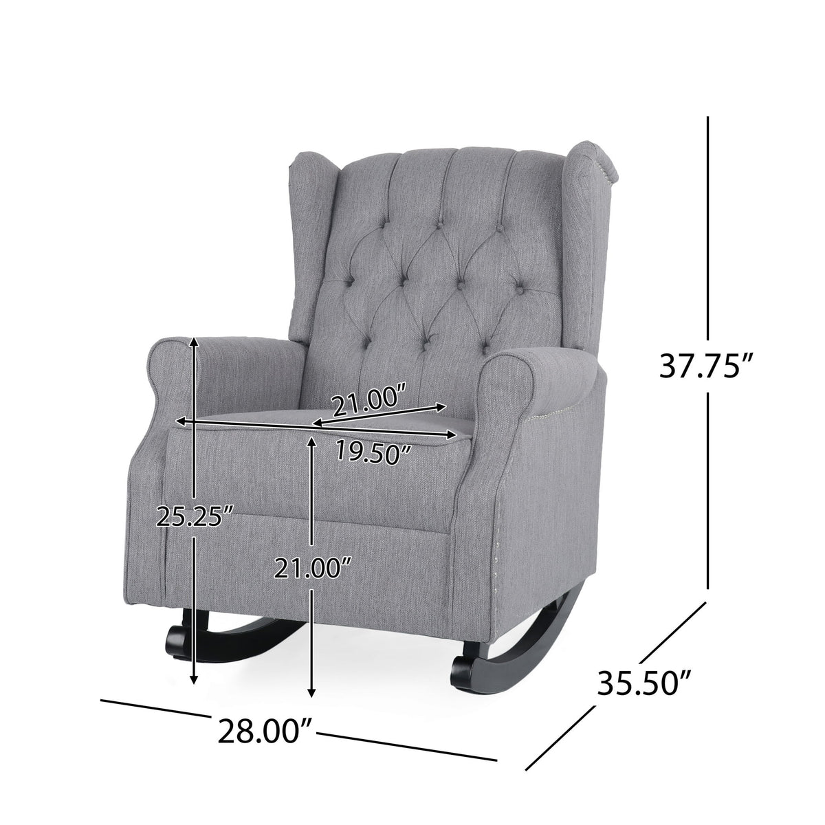 Gray tufted wingback rocking chair with dimension markings