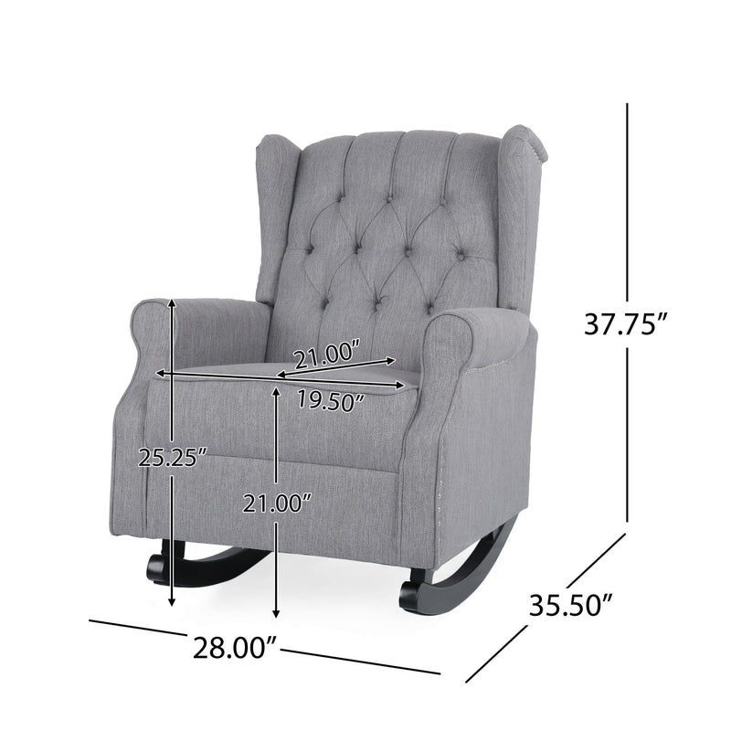 Gray tufted wingback rocking chair with dimension markings