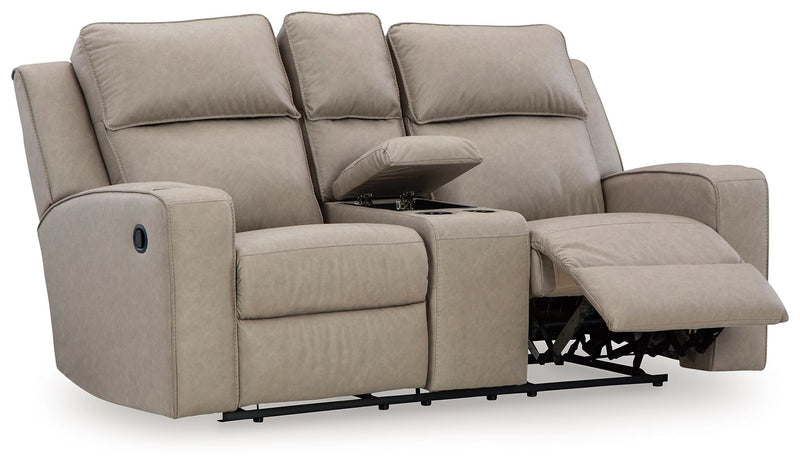 Pebble upholstered reclining loveseat with console, extended footrests and wide side arms