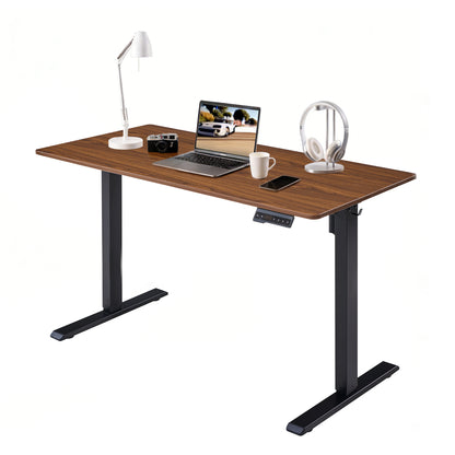 Electric adjustable standing desk with dark walnut top and black frame, 24x48 in