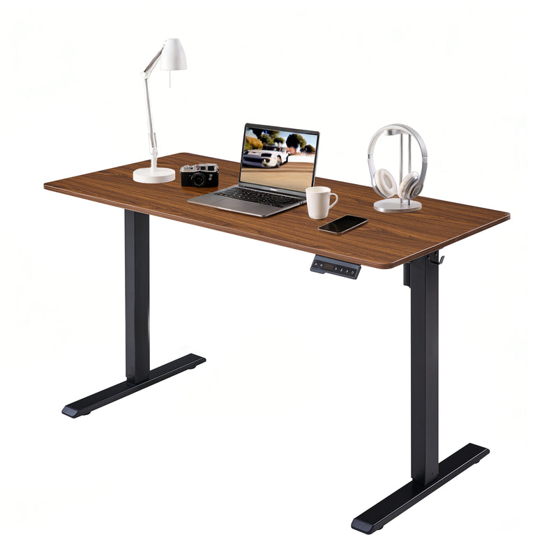 Electric adjustable standing desk with dark walnut top and black frame, 24x48 in
