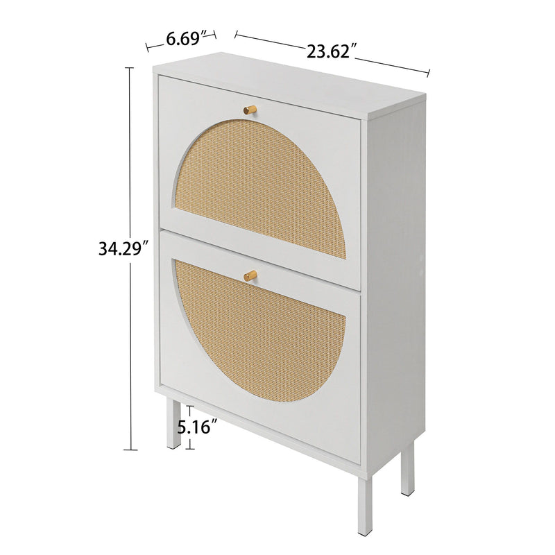 2 Door Shoe Rack, Rattan, Double Layer, Suitable For Living Room, Hallway - White