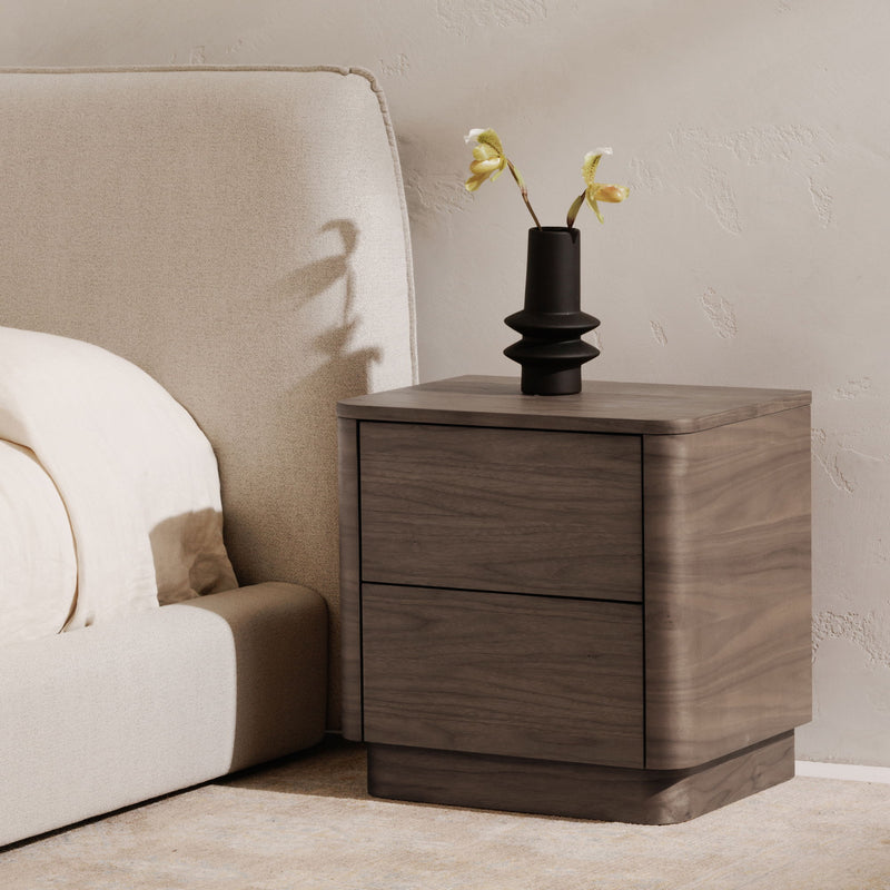 Walnut two-drawer nightstand with smooth top and dark drawer trim line.