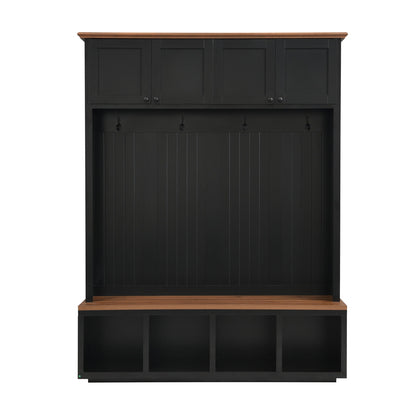 Entryway hall tree with bench and storage, black cabinet with top doors and bench cubbies