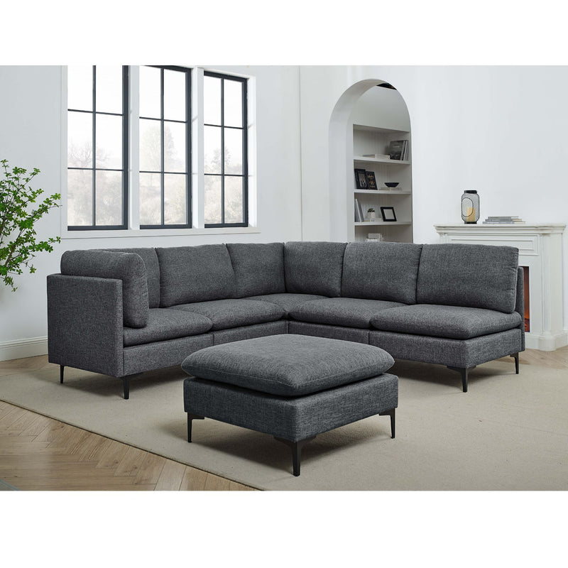 Dark gray modular sectional sofa set with ottoman, L-shape layout and tall legs