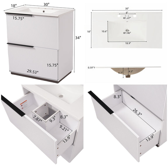 White fluted vanity with ceramic sink; open interior storage with soft-close slides