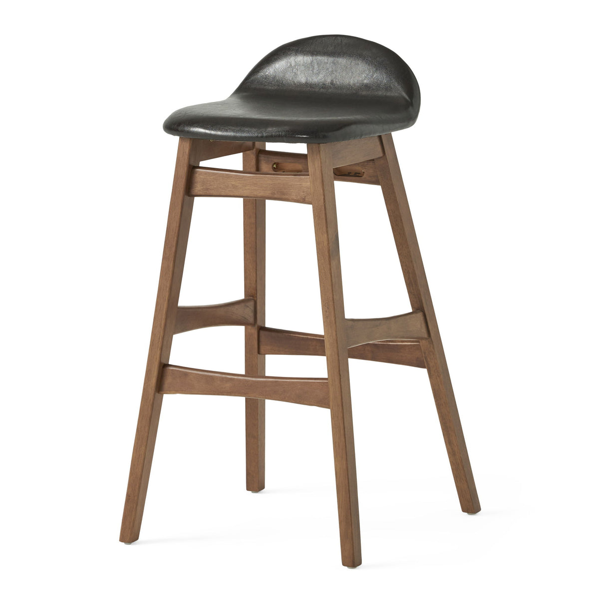 Bar stool with dark wooden legs and dark cushioned seat with small backrest