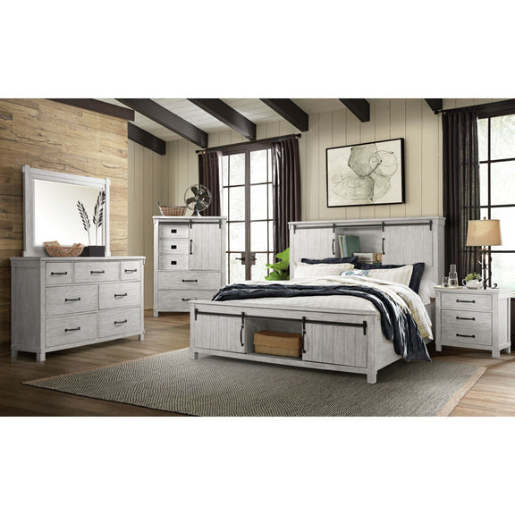 White 5-drawer chest in bedroom, front view with cabinet doors and drawer pulls