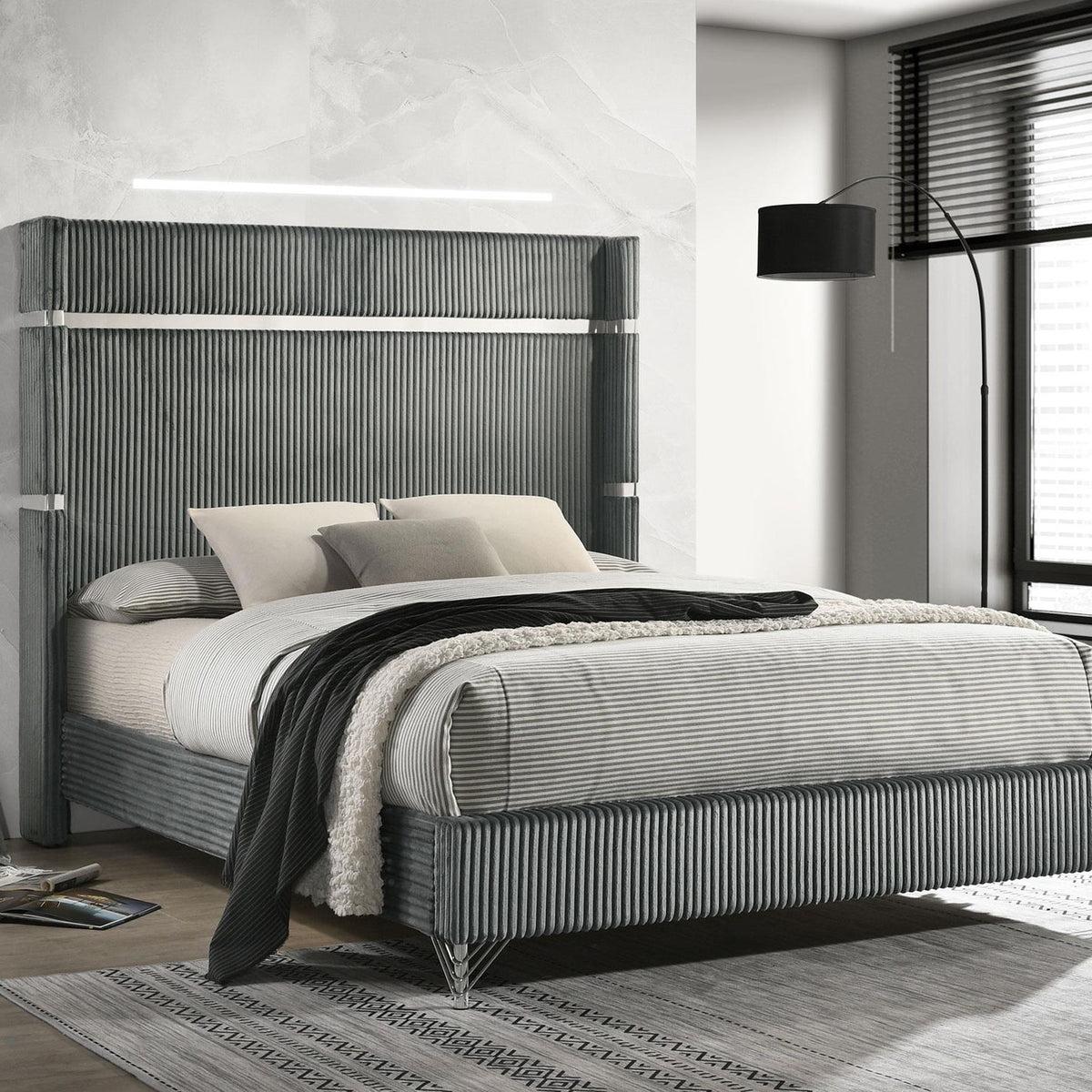 Lucia 61-inch Upholstered Eastern King Wingback Bed Grey