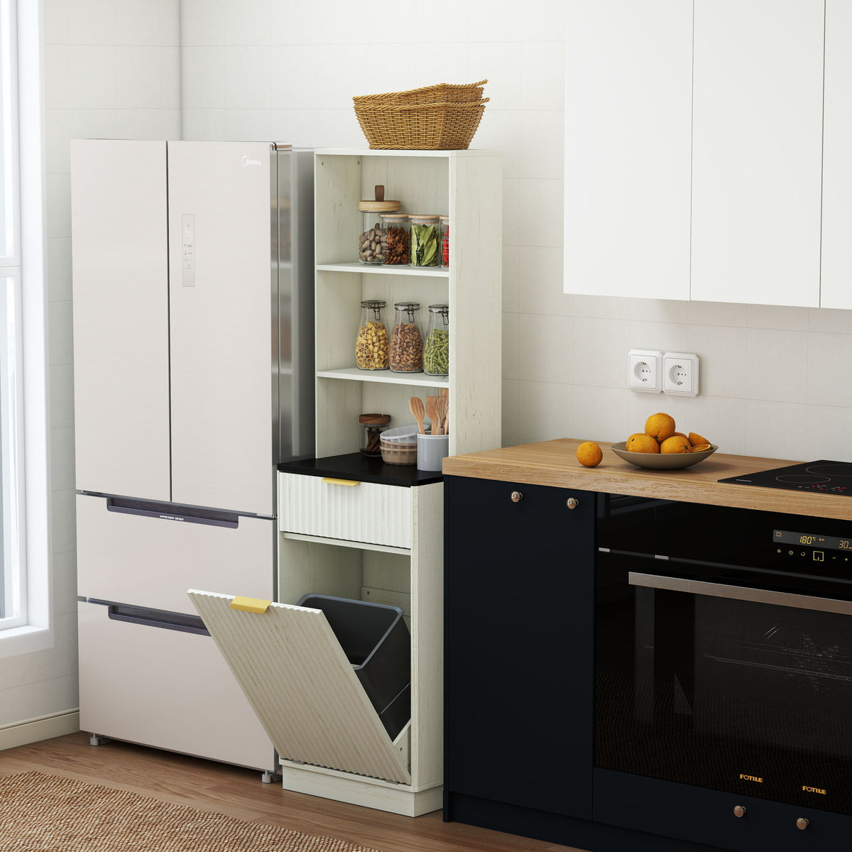 Tall white fluted storage cabinet with open shelves and a tilted trash bin compartment.