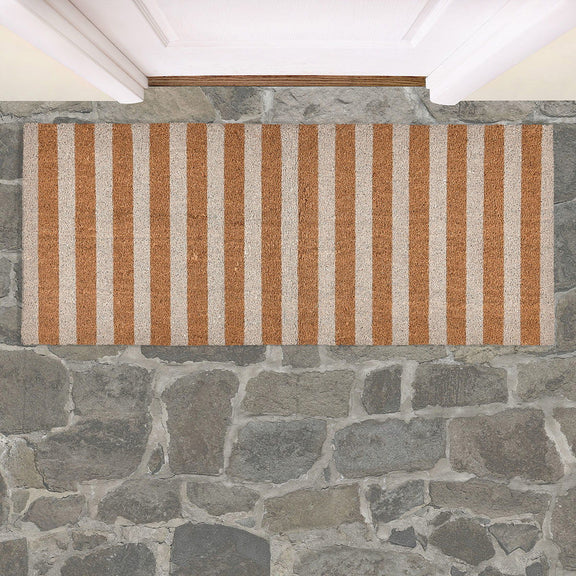 Striped doormat with ivory and tan vertical stripes, rectangular.