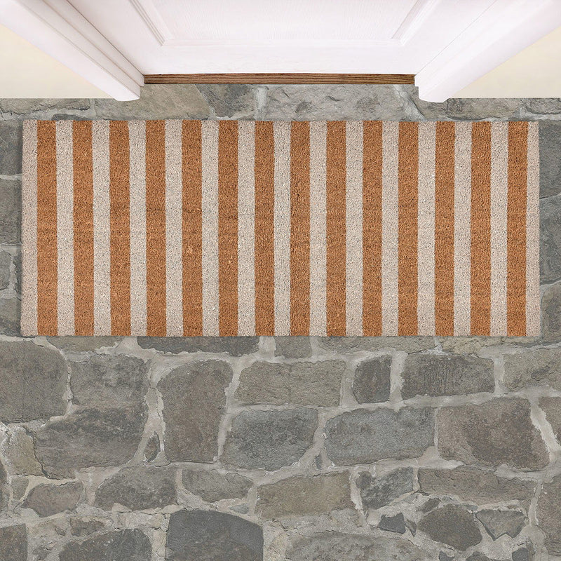 Striped doormat with ivory and tan vertical stripes, rectangular.