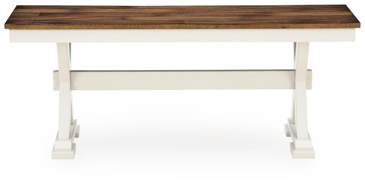 Dark brown wood dining bench with white legs and underside support rail