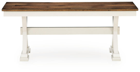 Dark brown wood dining bench with white legs and underside support rail