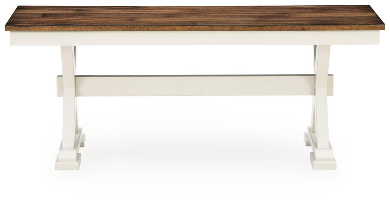 Dark brown wood dining bench with white legs and underside support rail
