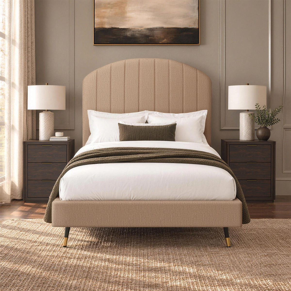 Beige arched channel upholstered bed with padded headboard and footboard