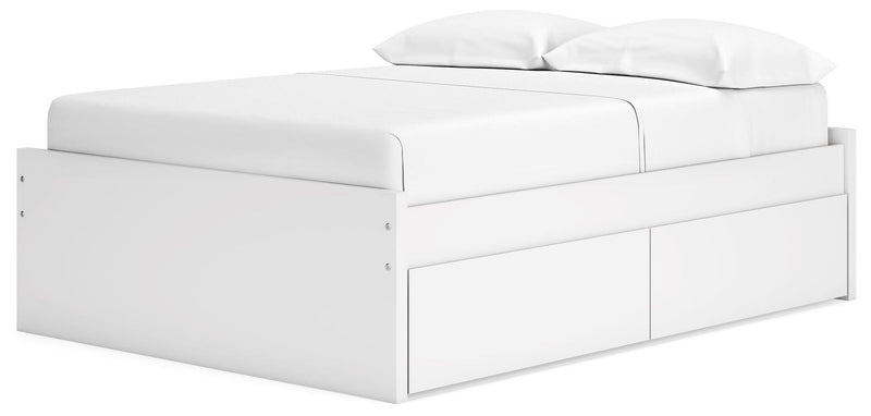White platform bed with one side storage drawer