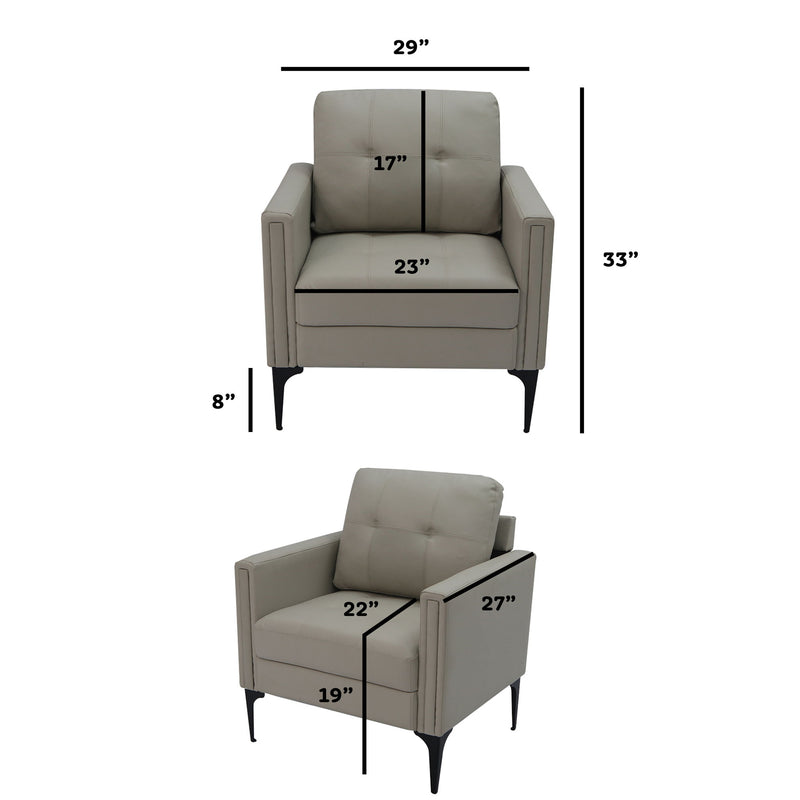 Beige armchair with displayed height and width measurements