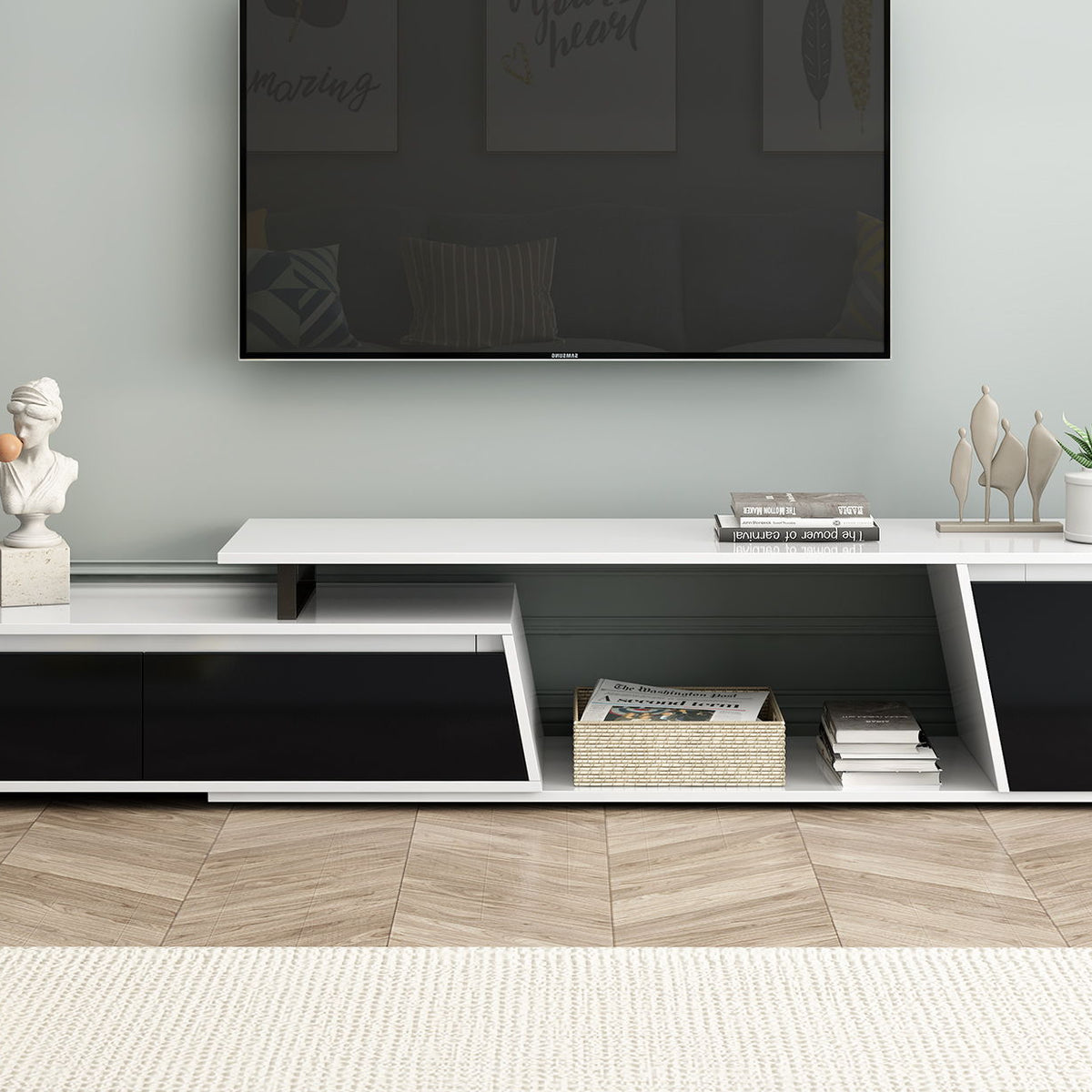 Minimalist Rectangle Extendable TV Cabinet With 2 Drawers And 1 Cabinet