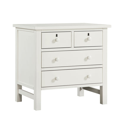 White 4-drawer storage nightstand with round knobs and black drawer trim