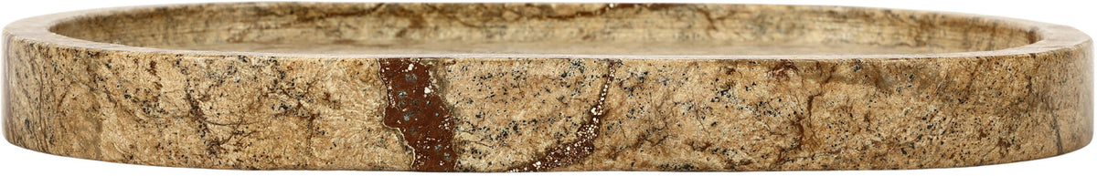 Beige marble tray sidewall with brown speckles and rounded rim.
