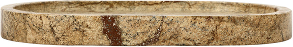 Beige marble tray sidewall with brown speckles and rounded rim.